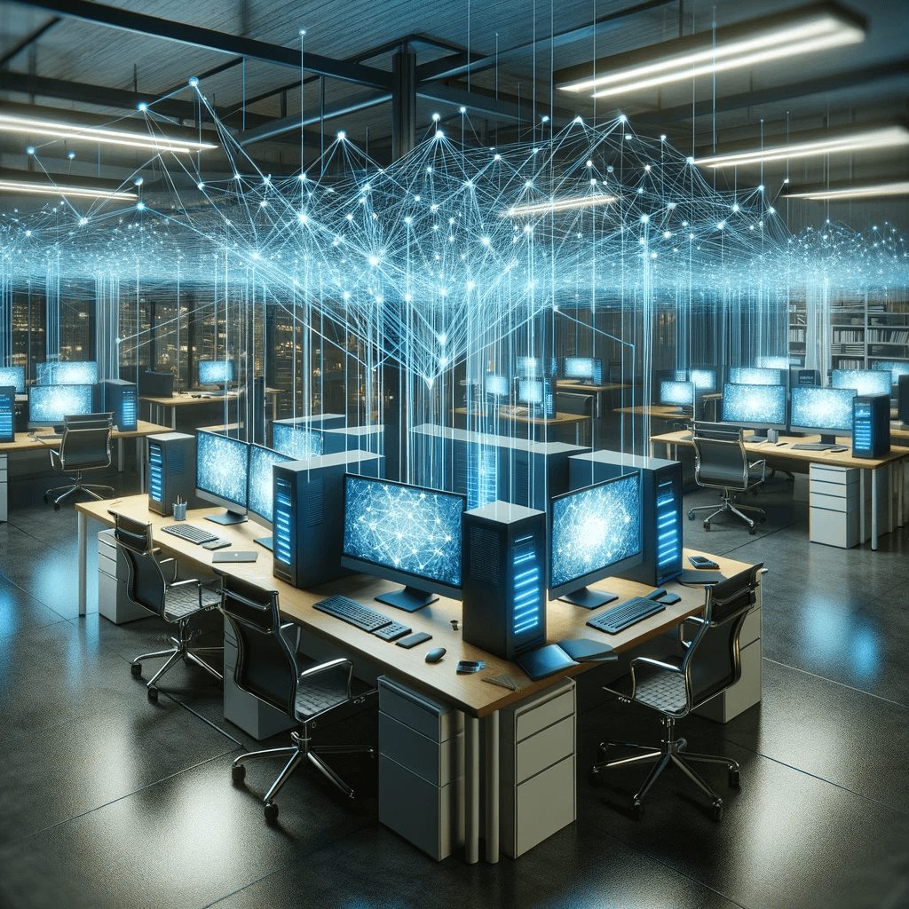 DALL·E 2024 01 31 14.45.16 An image depicting a modern office with a focus on network connections between desktops. The office is filled with several desks each featuring a des