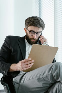 Commercial Networks Cybersecurity Checklist image of man looking at clipboard while on phone