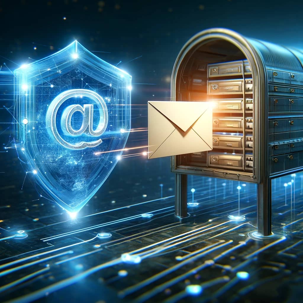 Dmarc 1 DALL·E 2024 04 08 13.49.10 Illustrate a conceptual image showing email deliverability being secured by DMARC Domain based Message Authentication Reporting and Conformance. T